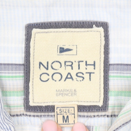 Marks and Spencer Men's Green Striped Button-Up Shirt M