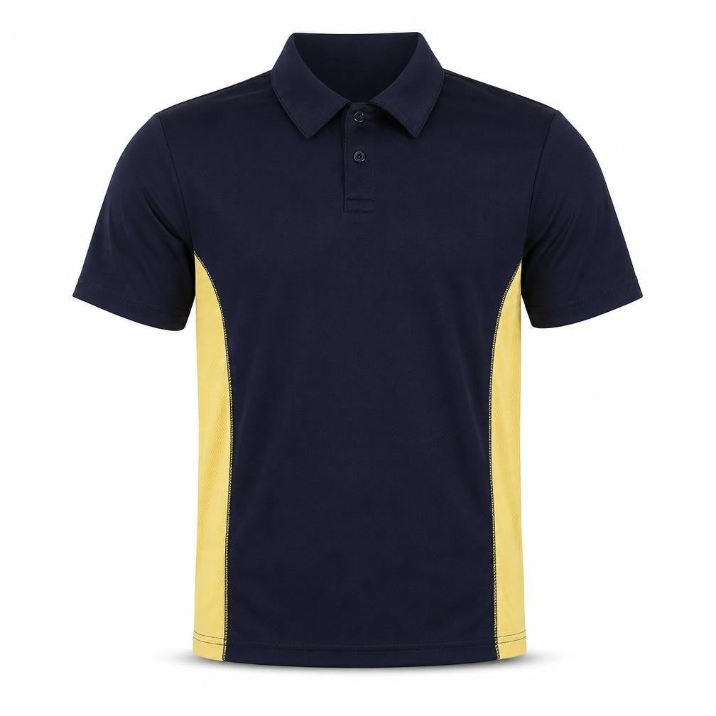 Front view of David Luke boys’ blue colourblock polo shirt l collared