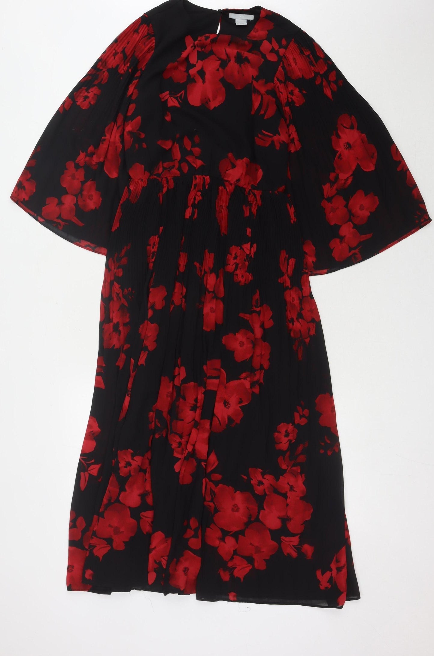 H&M Women's Black Red Floral Midi Dress Size 6