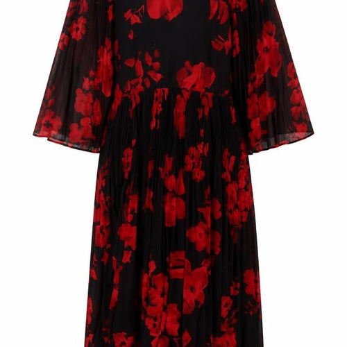 H&M Women's Black Red Floral Midi Dress Size 6
