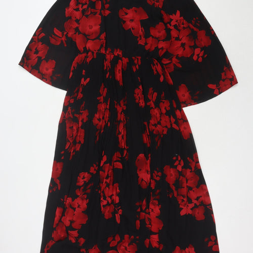 H&M Women's Black Red Floral Midi Dress Size 6