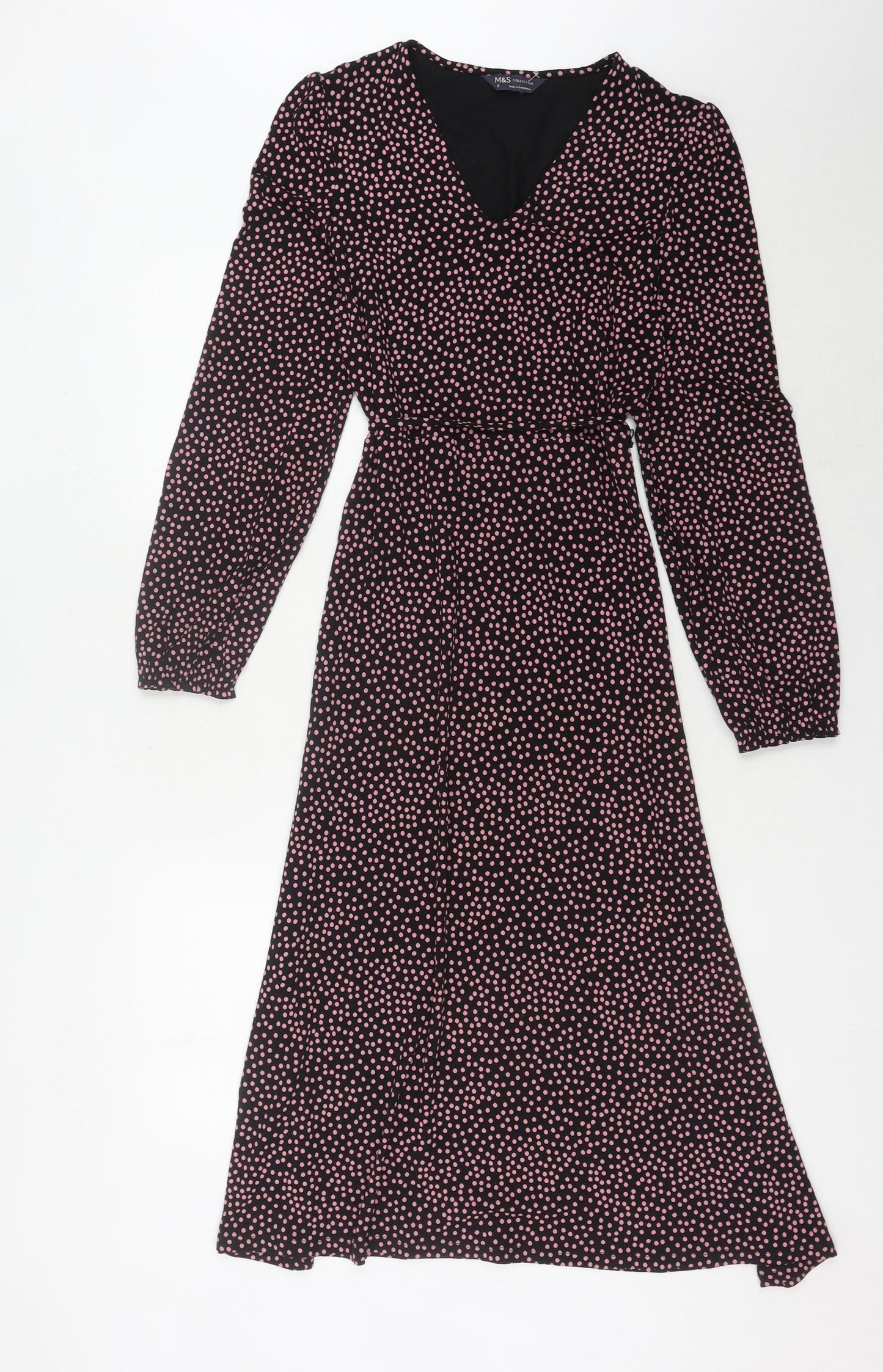 Marks and Spencer Women's Black Polka Dot Wrap Dress - Size 8