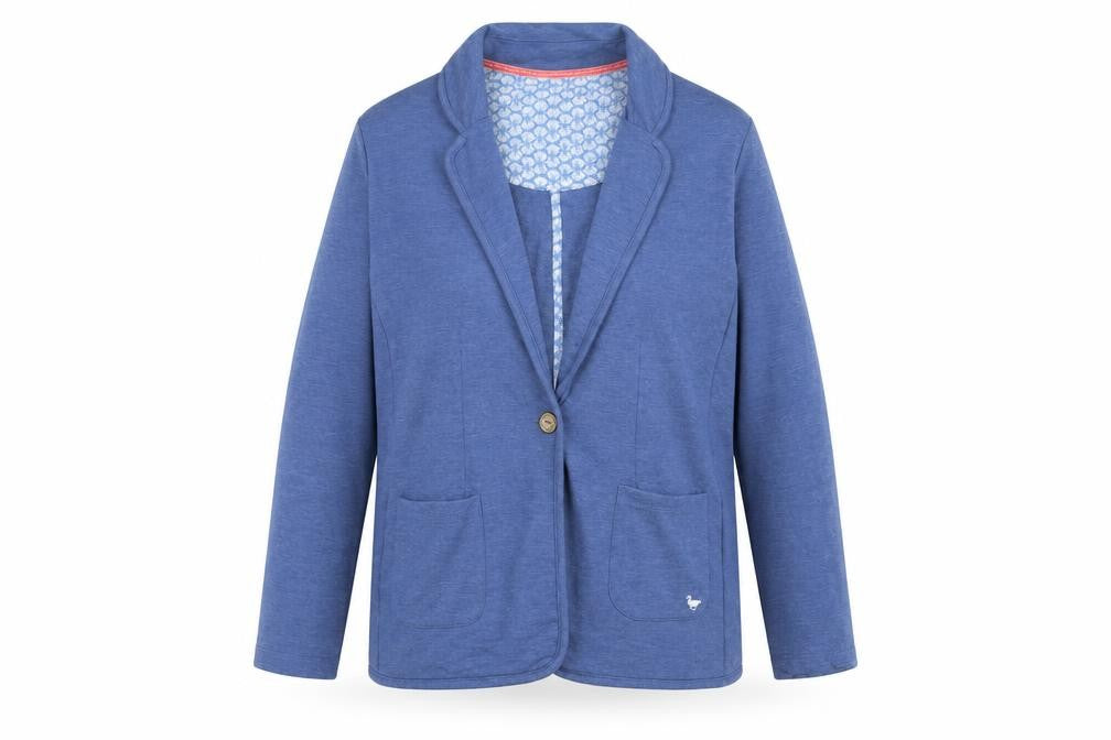 Front view of Country Rose Women's Blue Blazer, size L, Casual Single-Breasted