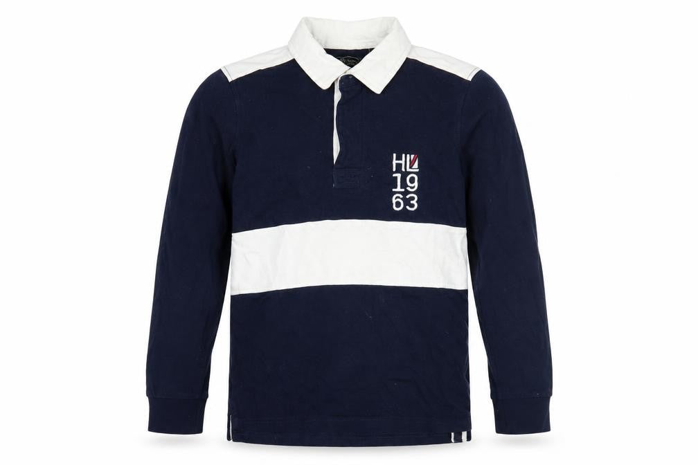 Front view of Henri Lloyd boys’ blue rugby shirt 7-8 years