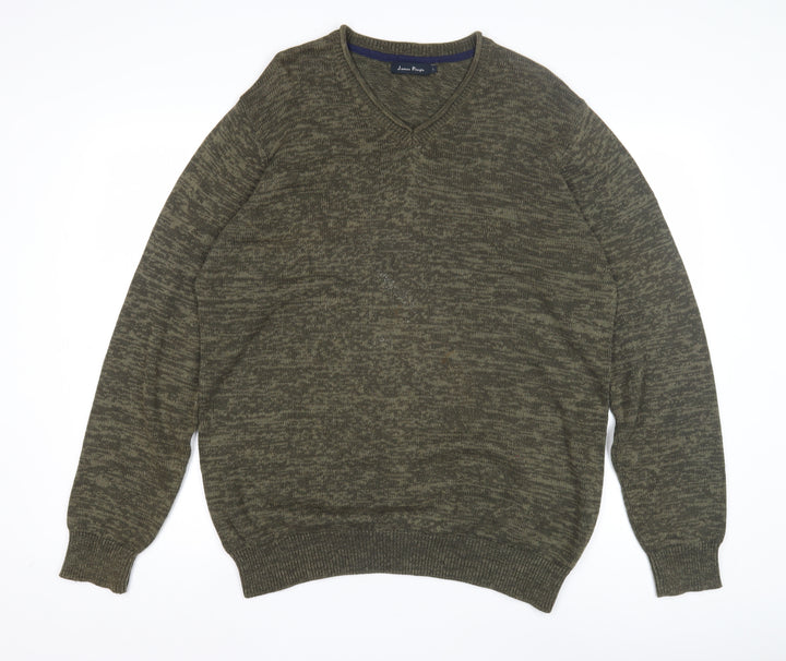 James Pringle Men's Green V-Neck Cotton Jumper L