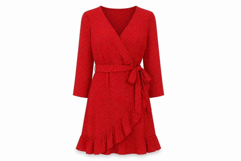Front view of Oasis Women's Red Polka Dot Wrap Dress, size M