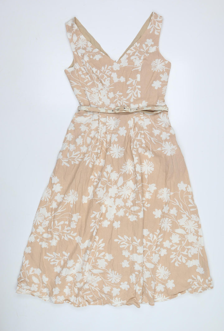 M&Co Women's Beige Floral Midi Dress, Size 10