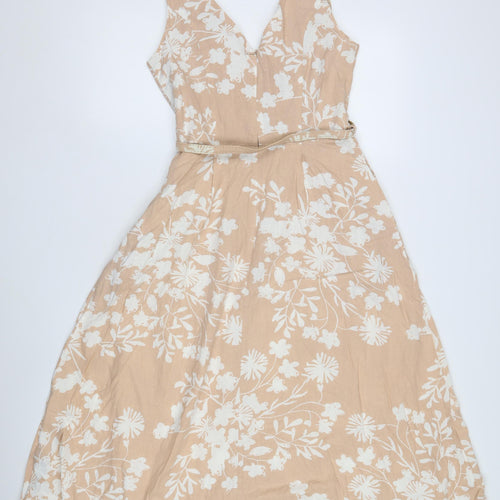M&Co Women's Beige Floral Midi Dress, Size 10