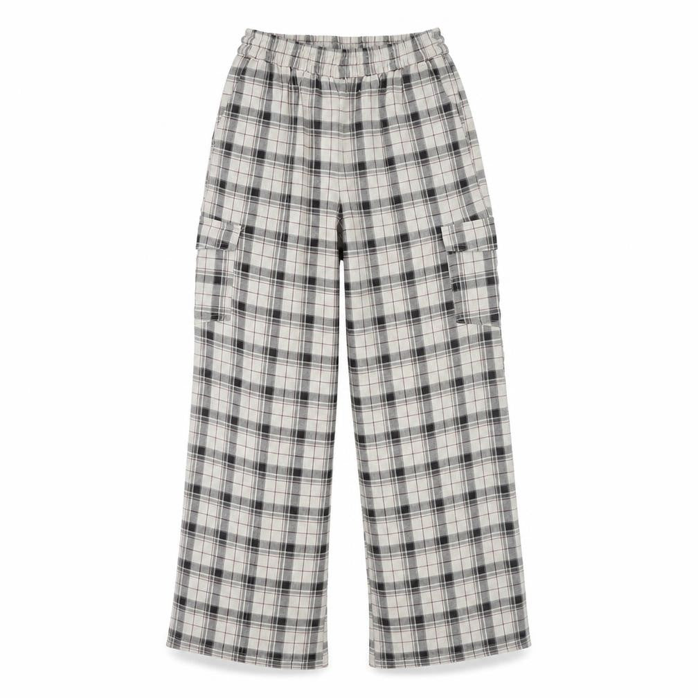 Front view of Collusion women’s plaid multicoloured wide-leg trousers