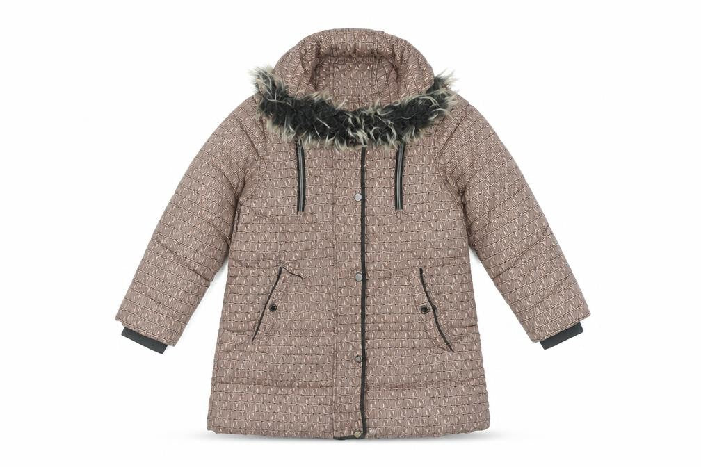 Front view of Next girls’ brown puffer jacket, 5 years, hooded winter coat