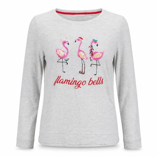 Oasis Women's Grey Pyjama Top, M, Long Sleeve, Flamingo Bells