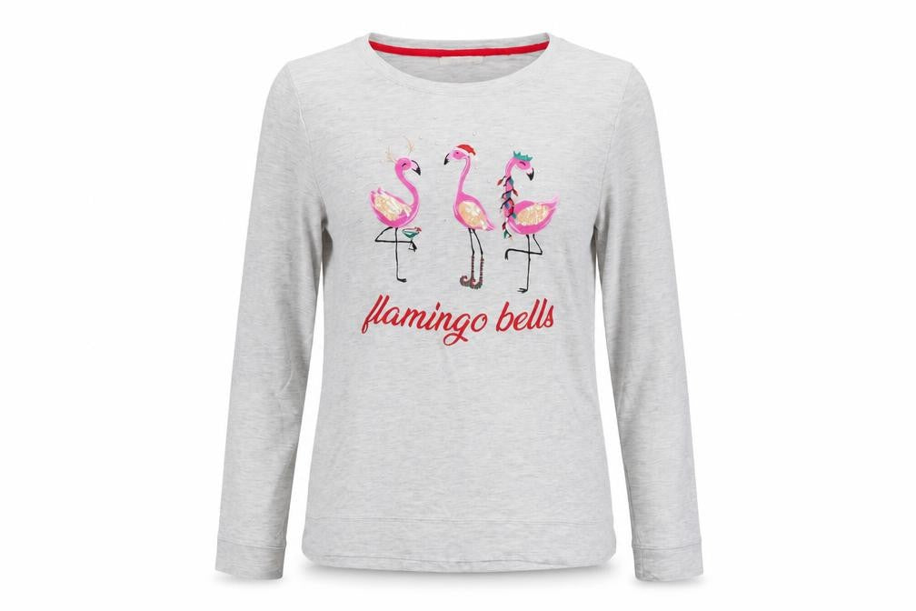 Oasis Women's Grey Pyjama Top, M, Long Sleeve, Flamingo Bells