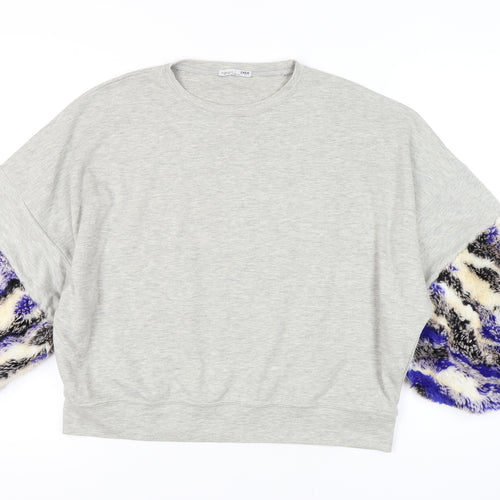 Zara Women's Grey Pullover Sweatshirt UK Size 8, Fur Trim