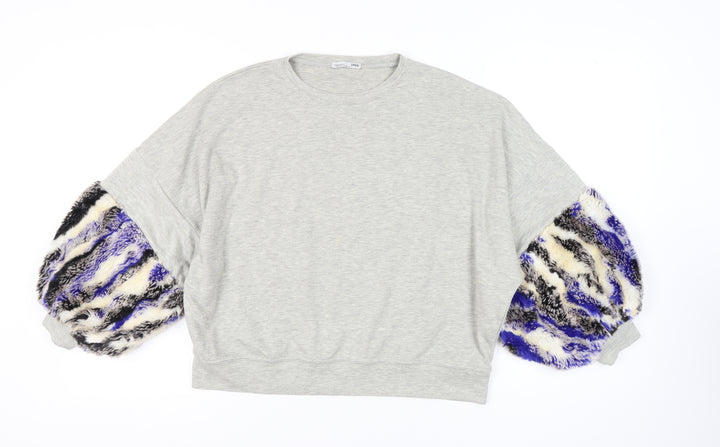 Zara Women's Grey Pullover Sweatshirt UK Size 8, Fur Trim