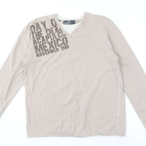 Next Men's Beige Graphic Long Sleeve V-Neck Tee