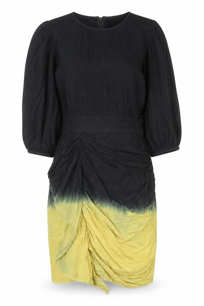 Front view of Warehouse Women's Black & Yellow Petite Dress, size 6