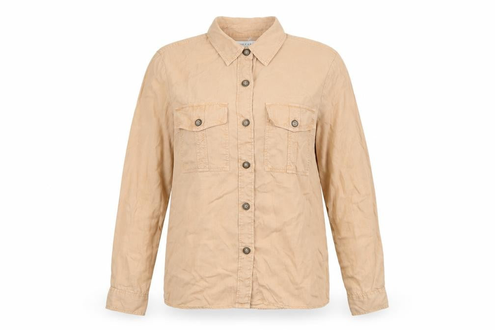 Front view of Topshop Women's Beige Button-Up Shirt, size 6