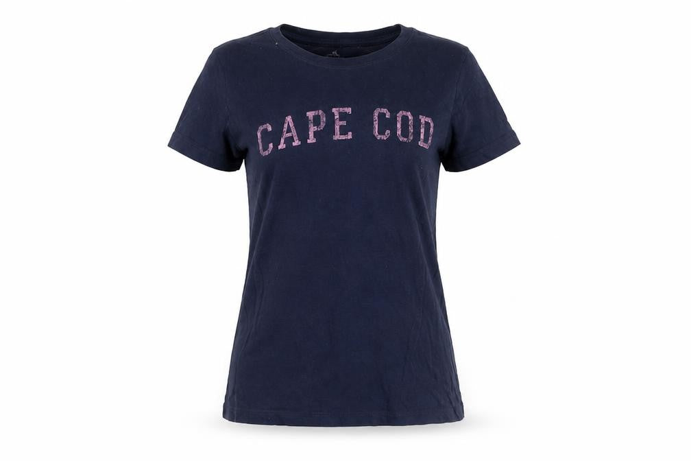 Front view of Cuffy's Women's Blue Medium Embroidered T-Shirt