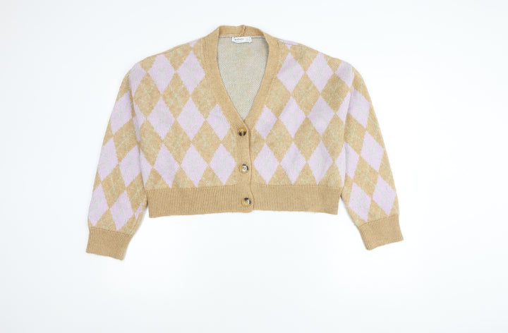 Stradivarius Women’s Beige Argyle Cardigan, Size 8
