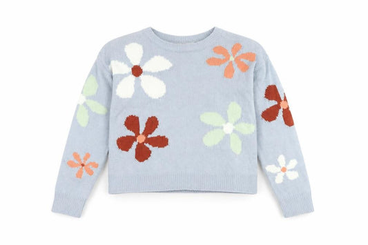 Front view of Chloe + Cyrus girls’ blue floral jumper m