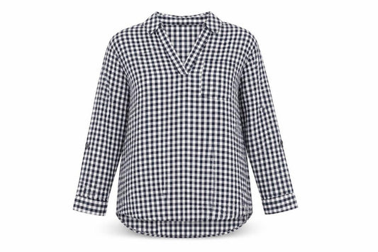 Front view of Bonmarché Women's Blue Check Button-Up Shirt, size 14