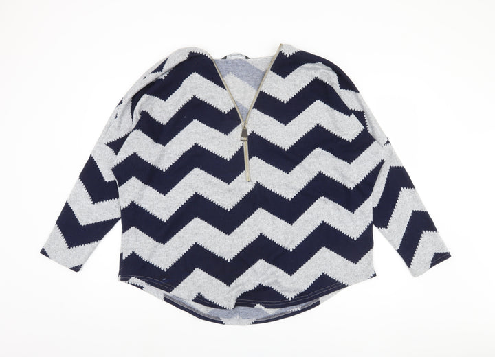Bonmarché Women's Blue Geometric Full Zip Jumper L
