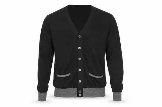 Front view of Simon Carter Men's Black V-Neck Cardigan, size M