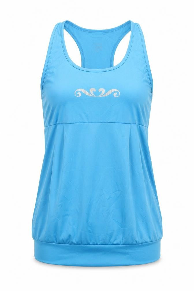 Front view of e-nution Women's Blue Racerback Tank Top, size L