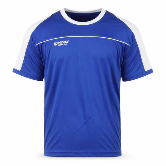 Front view of Rhinos Sports Men's Blue T-Shirt, size L, Pullover, Logo