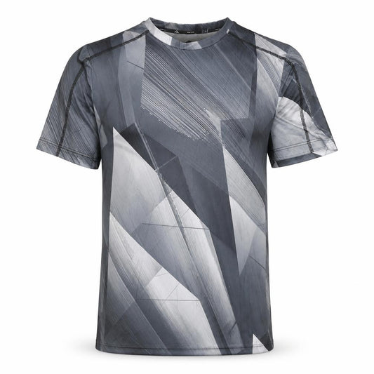 Front view of Rodeo Men's Black Geometric T-Shirt, size S, Quick Dry