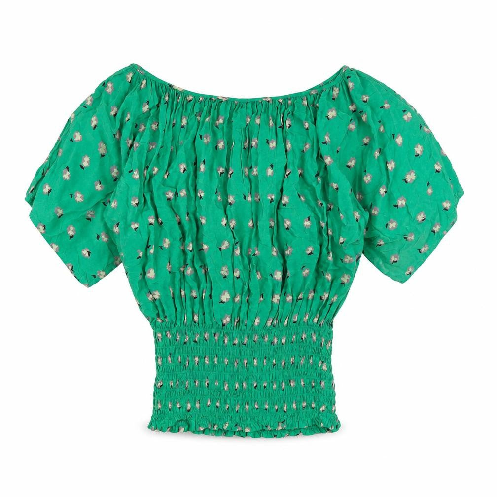 Front view of Warehouse Women's Green Floral Tunic Blouse, size 10
