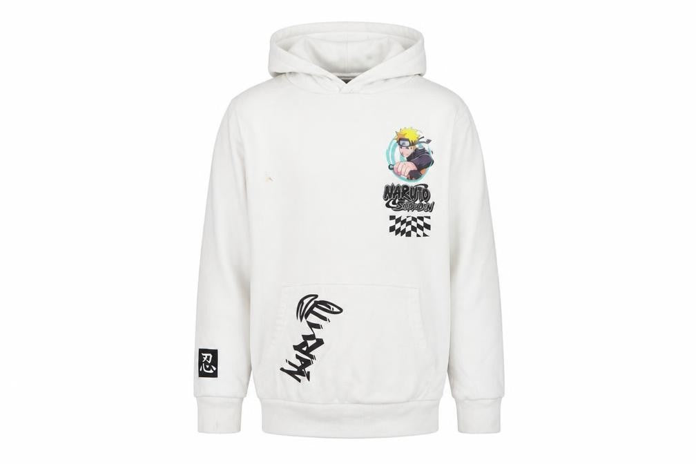 Front view of Naruto Shippuden boys’ white hoodie, anime graphic pullover 11-12 yrs