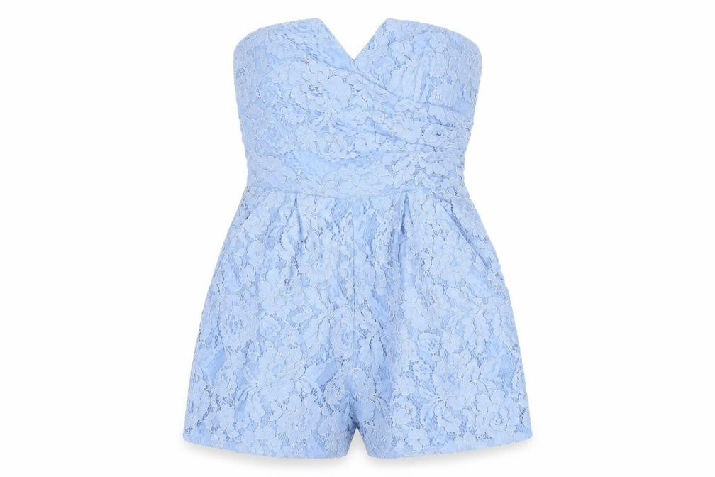 Front view of Coast Women's Blue Lace Playsuit, size 10, - Party/Cocktail