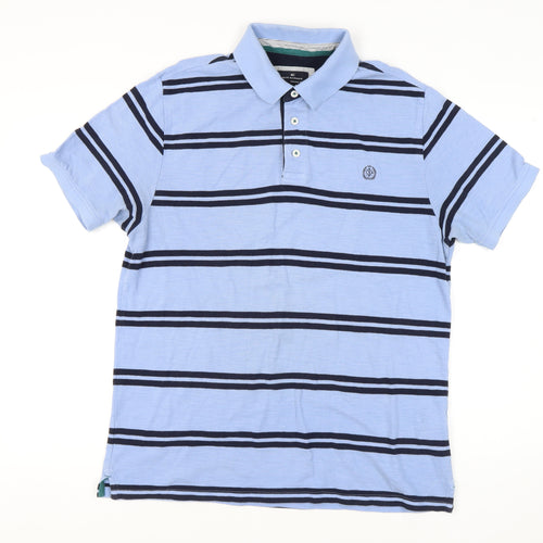 Marks & Spencer Men's Blue Striped Polo Shirt - Large