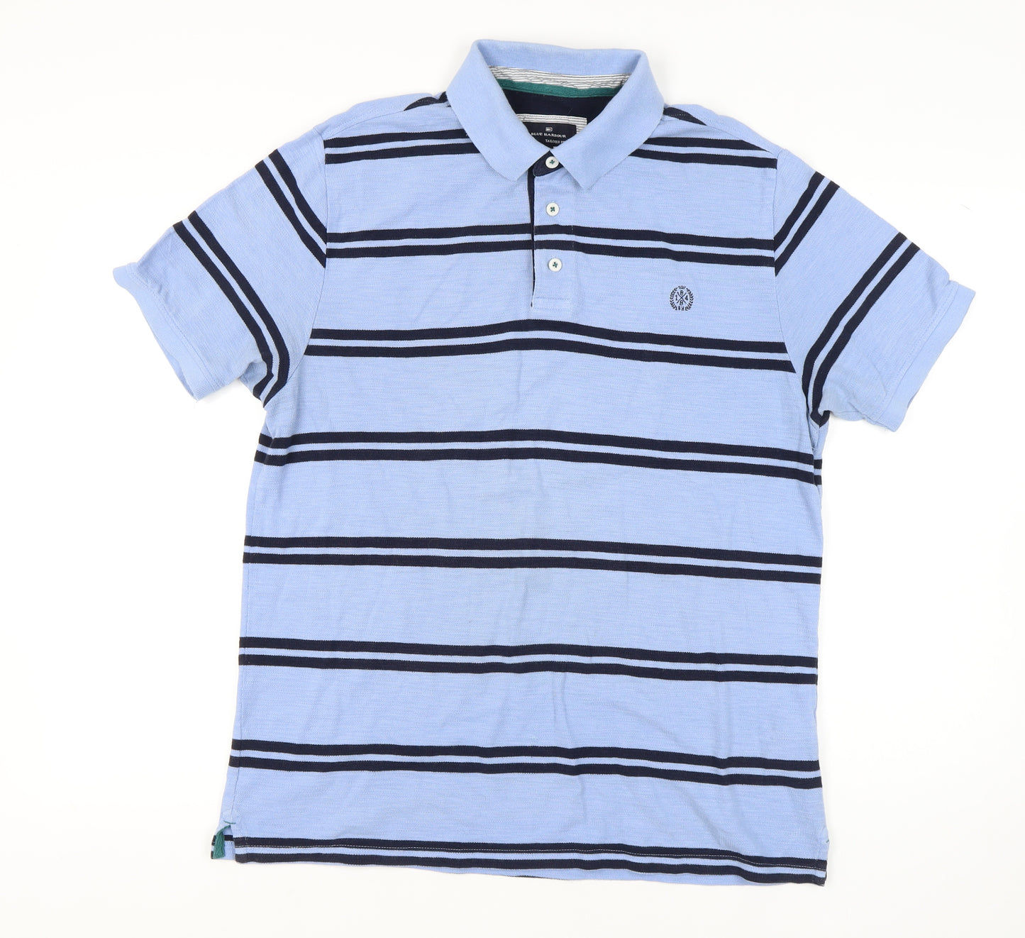Marks & Spencer Men's Blue Striped Polo Shirt - Large