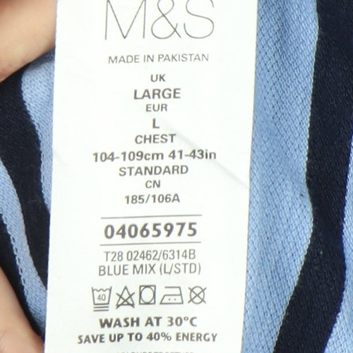 Marks & Spencer Men's Blue Striped Polo Shirt - Large