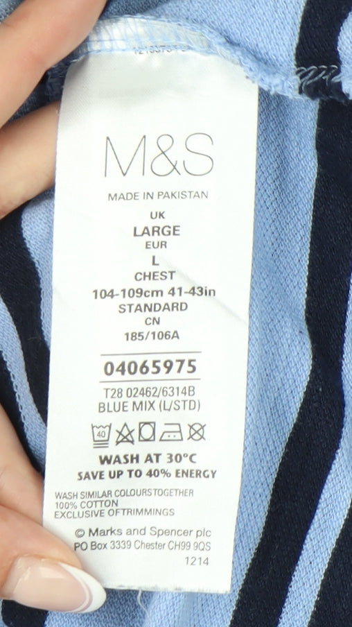 Marks & Spencer Men's Blue Striped Polo Shirt - Large