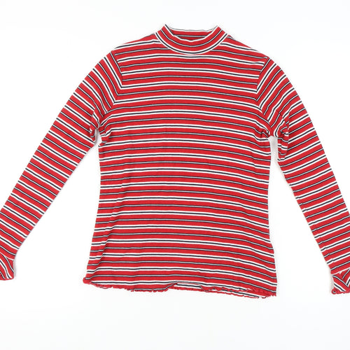 Marks and Spencer Women Red Striped Mock Neck T-Shirt