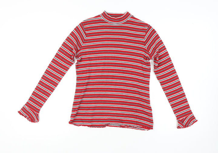 Marks and Spencer Women Red Striped Mock Neck T-Shirt