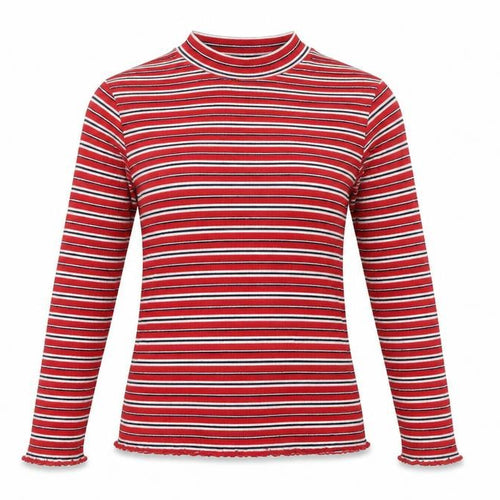 Marks and Spencer Women Red Striped Mock Neck T-Shirt