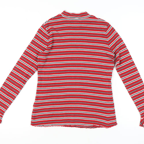 Marks and Spencer Women Red Striped Mock Neck T-Shirt