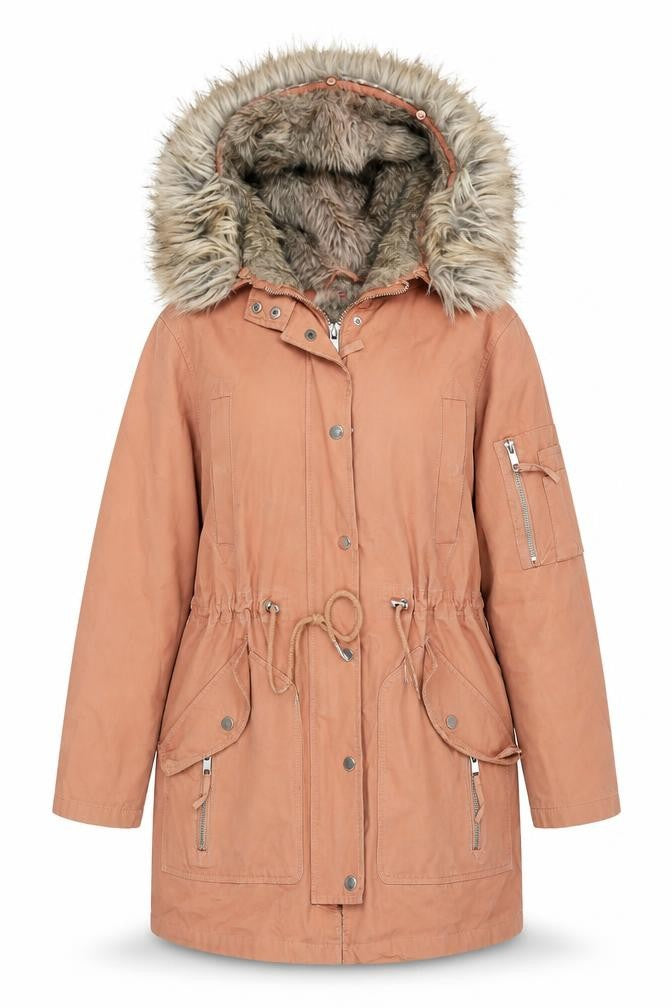Front view of ASOS Women's Brown Parka Coat, size 10, Hooded Winter Style