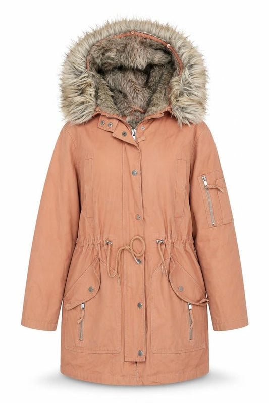 Front view of ASOS Women's Brown Parka Coat, size 10, Hooded Winter Style