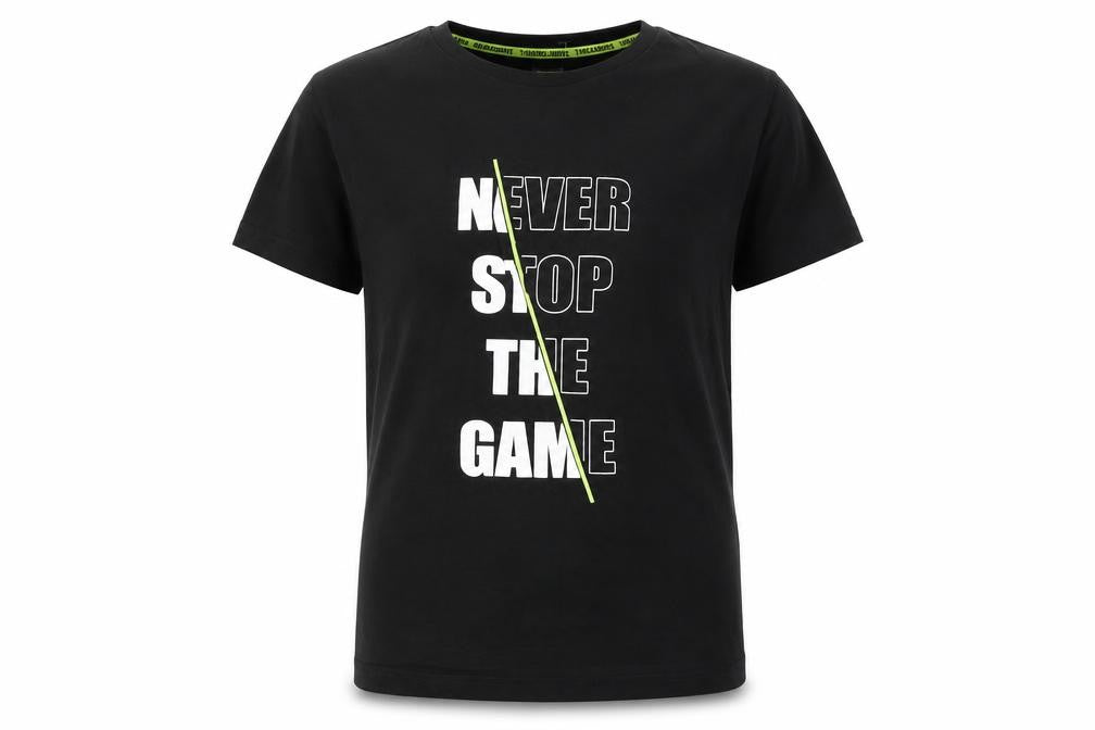 Front view of Threadboys boys’ black graphic t-shirt, 7-8 years, short sleeve