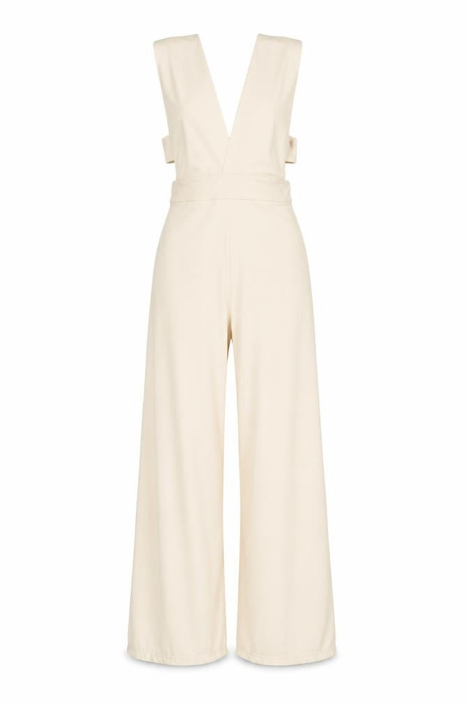 Front view of Oh Polly Beige Wide-Leg Jumpsuit, size 8, Elegant V-Neck
