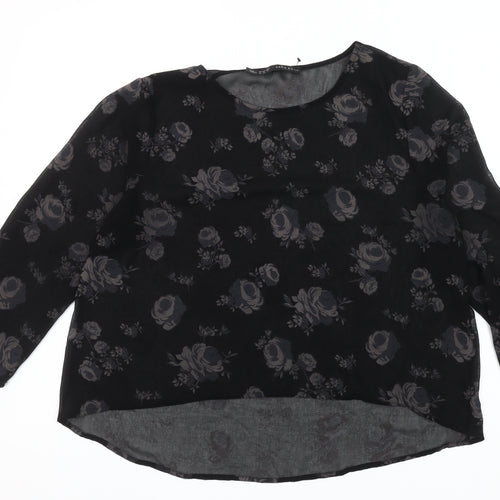 Zara Basic Women's Black Floral Round Neck Top XL