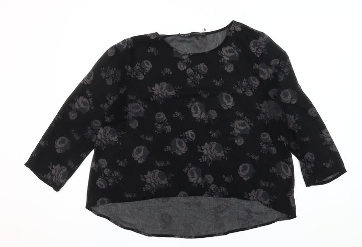 Zara Basic Women's Black Floral Round Neck Top XL