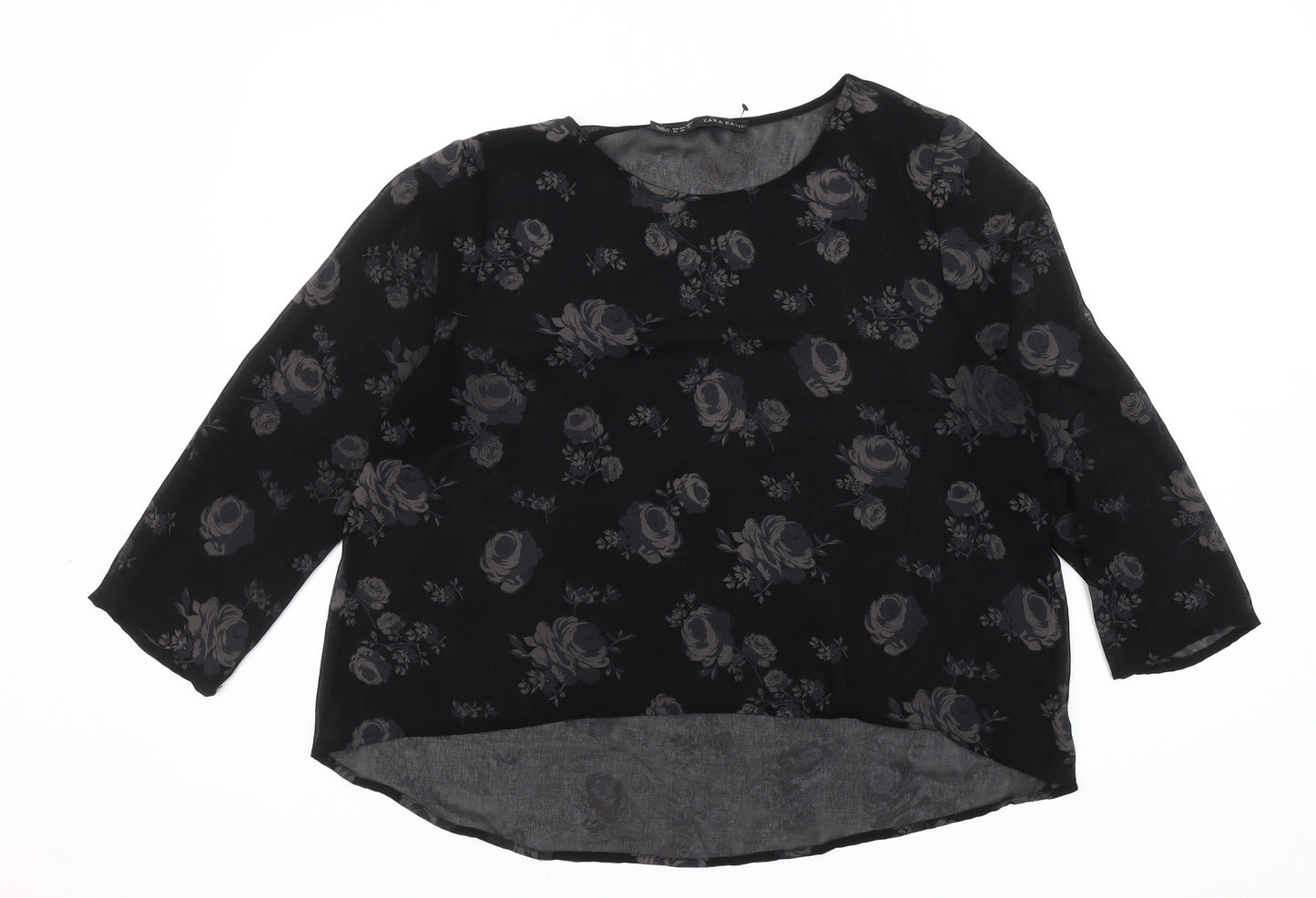 Zara Basic Women's Black Floral Round Neck Top XL