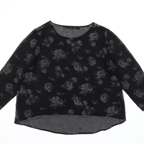 Zara Basic Women's Black Floral Round Neck Top XL