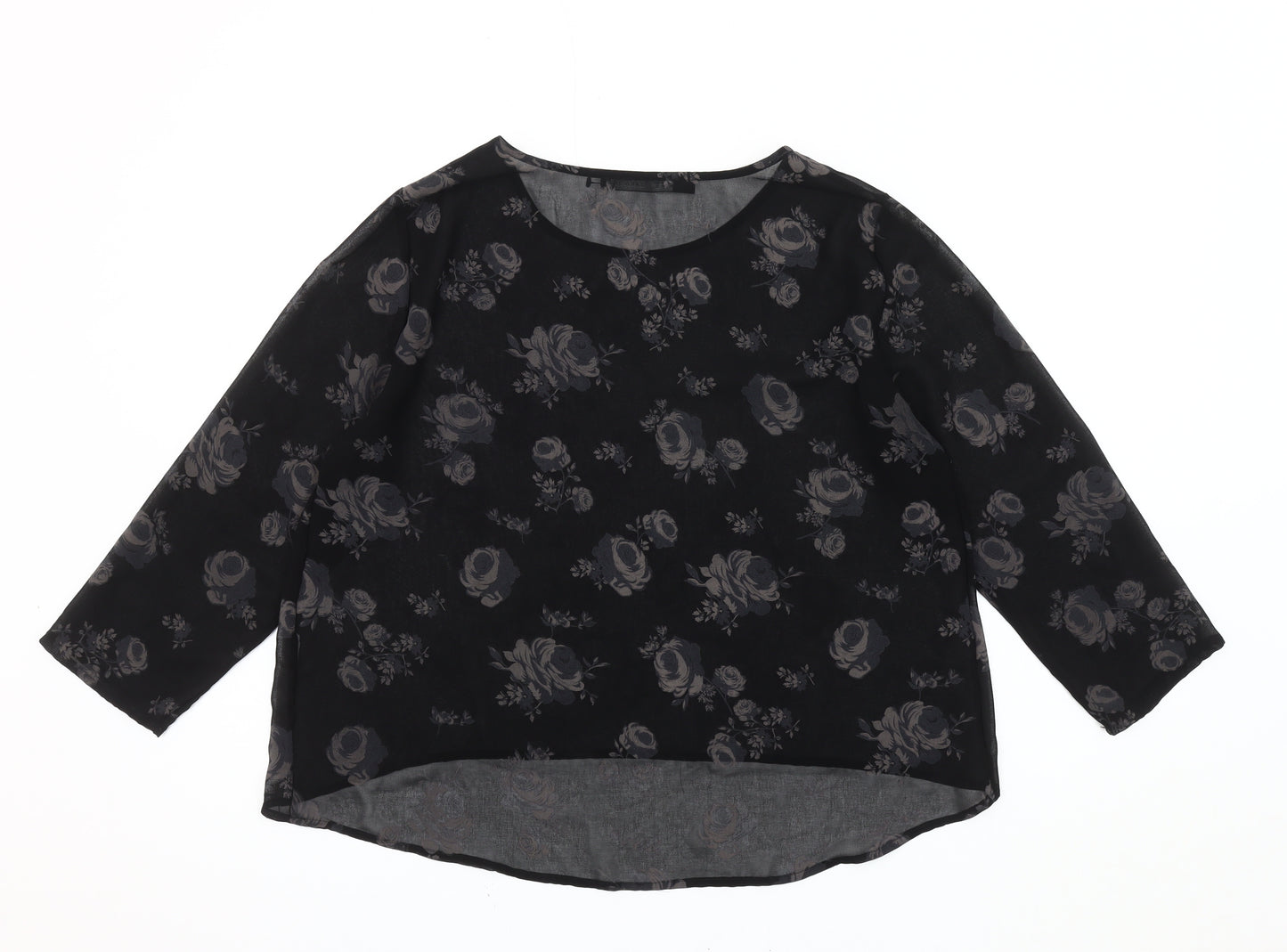 Zara Basic Women's Black Floral Round Neck Top XL